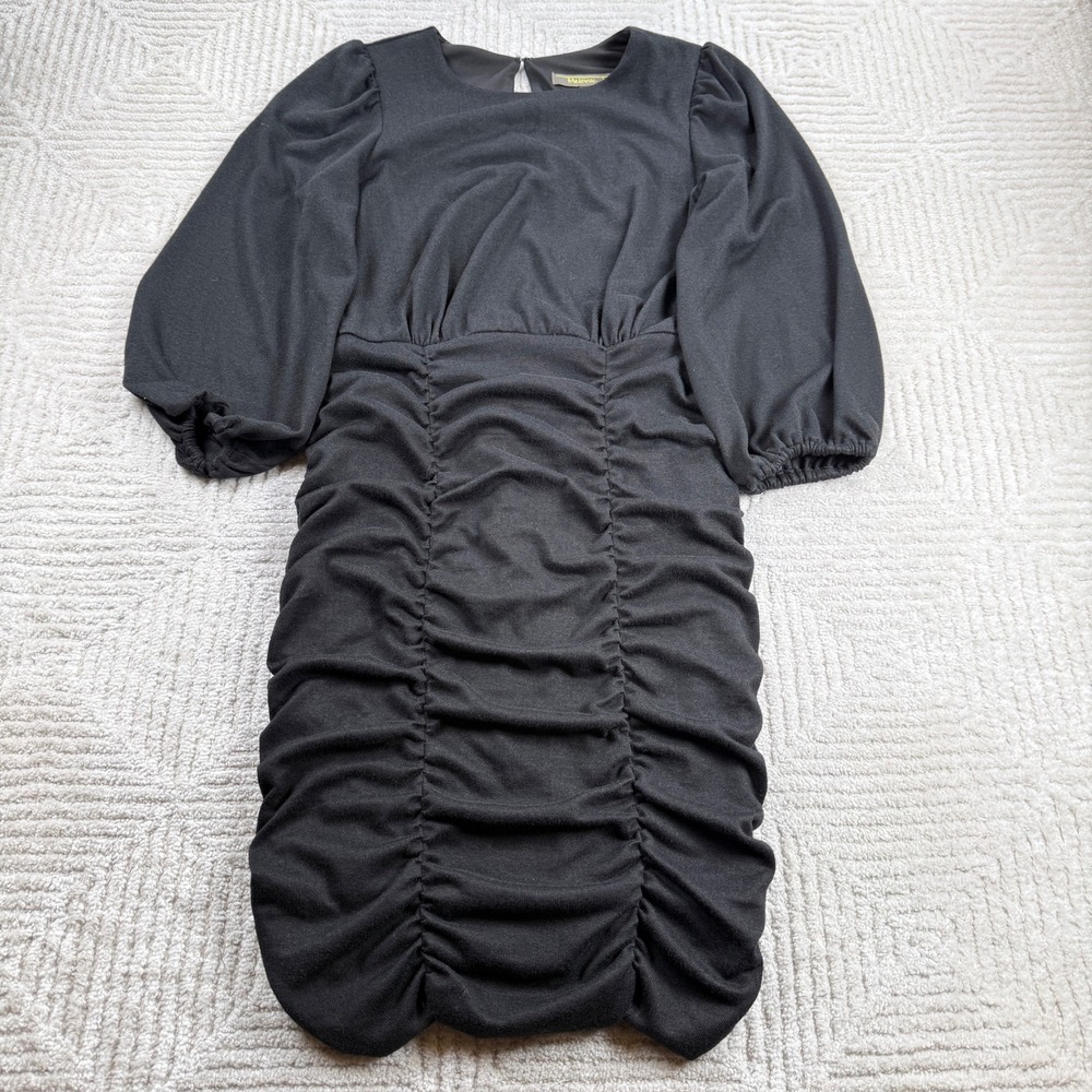 Melonie T Ruched Sheath Dress Womens 12 Black Puff Sleeve Cocktail Party LBD